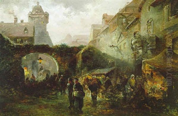 Weihnachtsmarkt In Einem Deutschen Stadtchen Oil Painting by Emil Barbarini