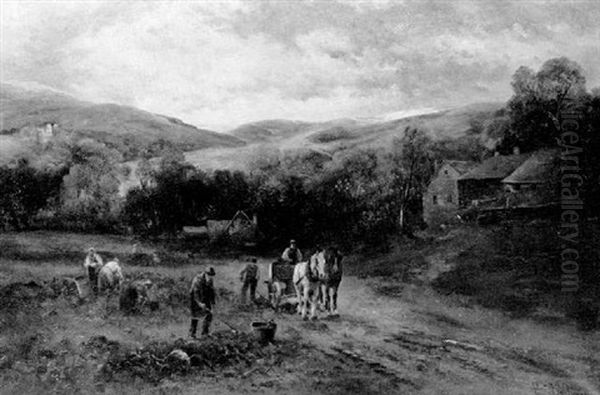 Workers In A Field With Cottage And Distant Mountainous Landscape Oil Painting by Emil Barbarini