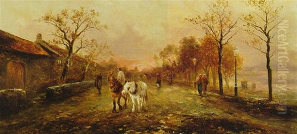 Dorfstrase Am Flusufer In Der Abenddammerung Oil Painting by Emil Barbarini