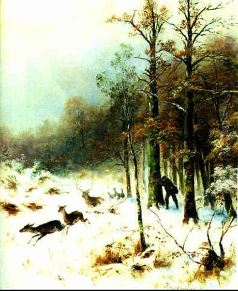 Jager Im Verschneiten Winterwald Oil Painting by Emil Barbarini