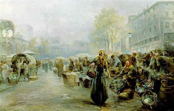 Gemusemarkt In Der Grosstadt Oil Painting by Emil Barbarini