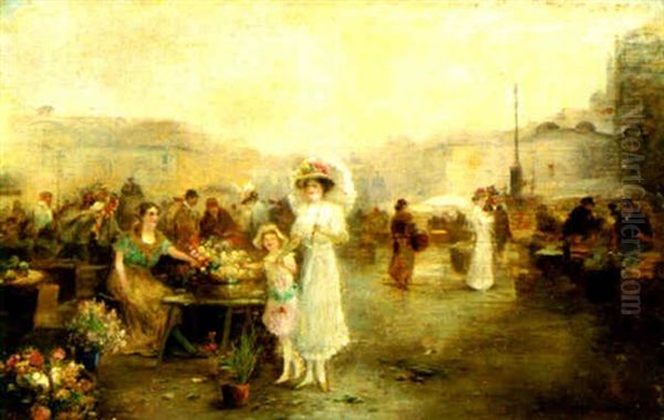 A Flower Market Oil Painting by Emil Barbarini