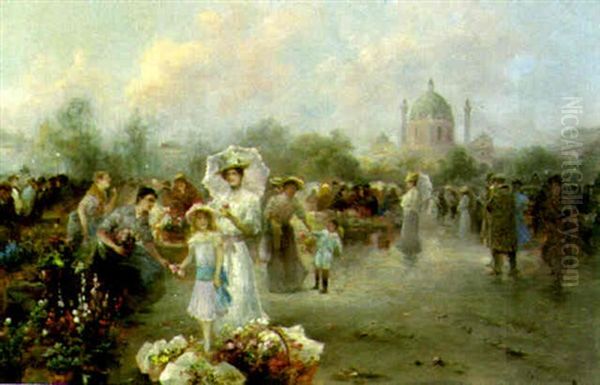 At The Flower Sellers Oil Painting by Emil Barbarini