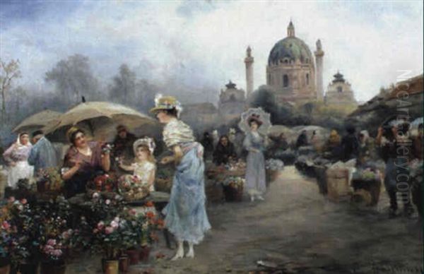 Blumenstandeln Am Naschmarkt Oil Painting by Emil Barbarini