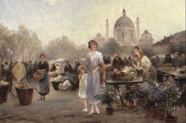 Die Blumenh,ndler Am Naschmarkt In Wien Oil Painting by Emil Barbarini