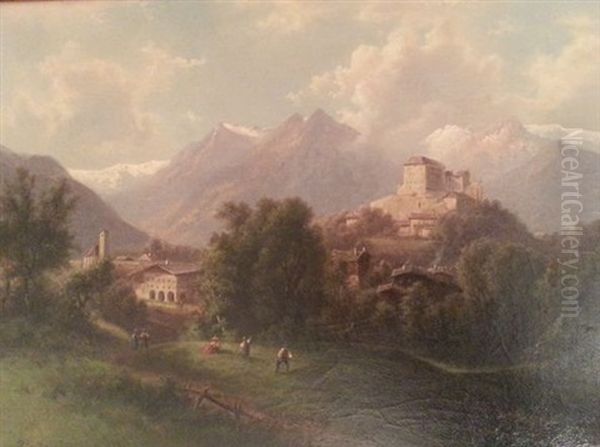 Village Du Tirol Au Pied Du Chateau Oil Painting by Franz Barbarini