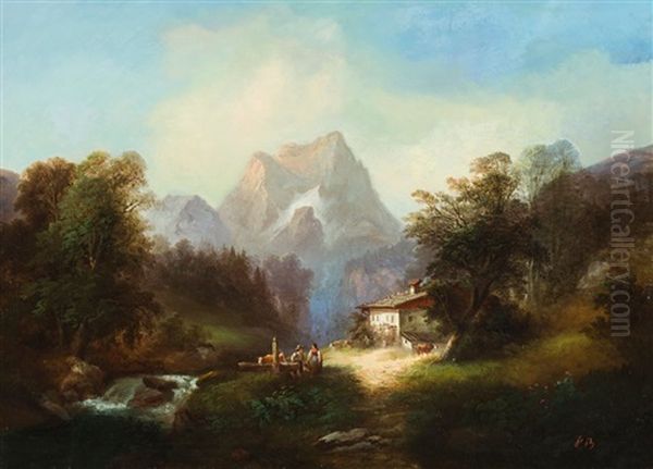 Tiroler Berglandschaft Mit Malerischem Gehoft, Brunnen, Wildbach Und Plauderndem Paar by Franz Barbarini