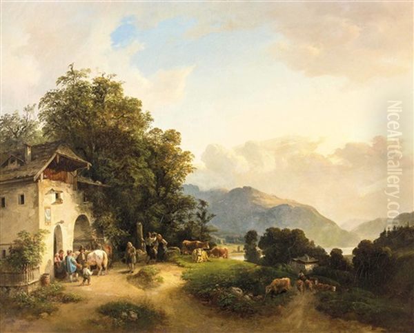 Alpenlandschaft Mit Fluss Und Verschiedenen Szenen Vor Bauernhaus Oil Painting by Franz Barbarini