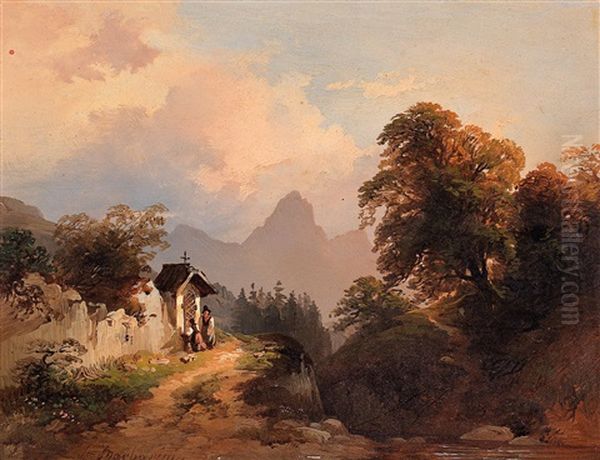 Devotions At The Wayside Shrine Oil Painting by Franz Barbarini