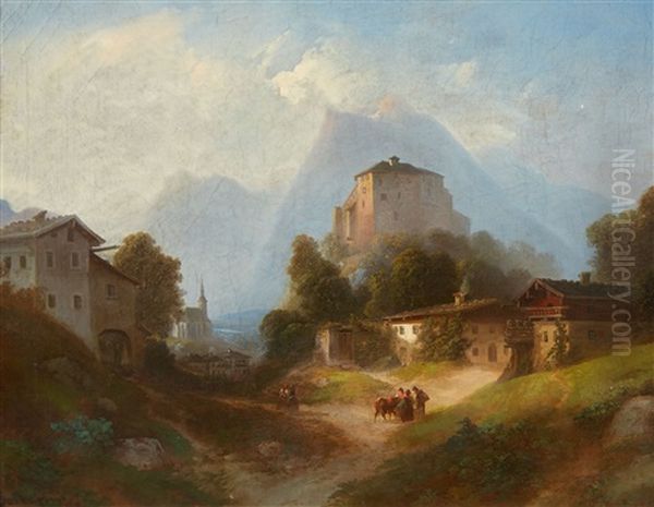 Alpine Landscape With A Castle And Village Oil Painting by Franz Barbarini