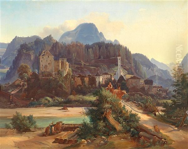 Tyrolean Landscape (view Of Golling?) Oil Painting by Franz Barbarini