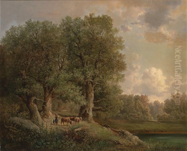 Hirtin Mit Kleiner Herde Am Heimweg Oil Painting by Franz Barbarini