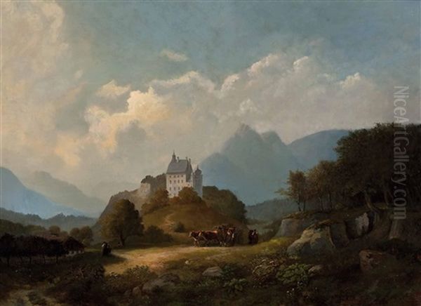 Landliches Treiben Mit Rinderfuhrwerk Und Schlos In Alpenlandschaft Oil Painting by Franz Barbarini