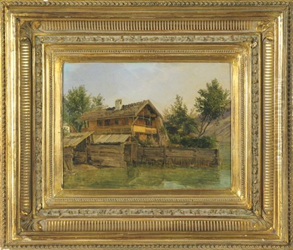 Holzandhaus Auf Flussbank (wood Country House On River Bank) Oil Painting by Franz Barbarini