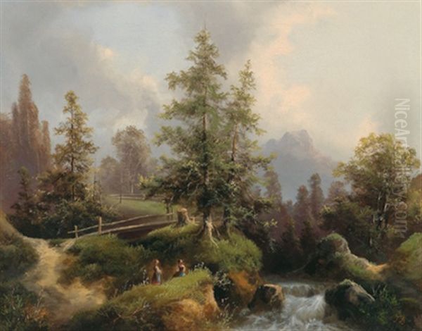 Gebirgslandschaft Mit Zwei Frauen Oil Painting by Franz Barbarini