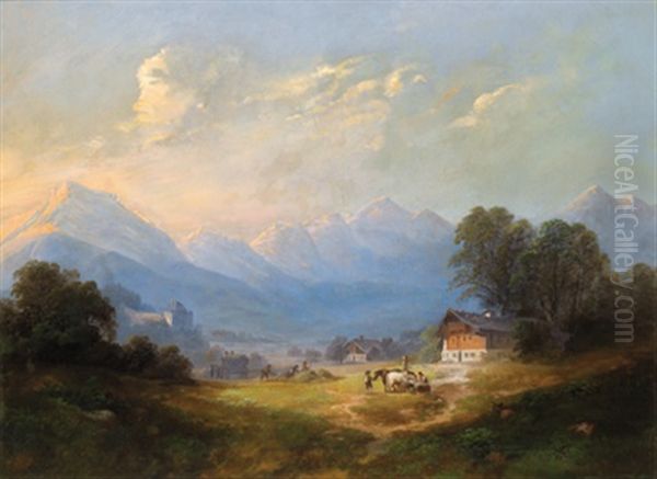 Bei Der Heuenrte Mit Blick Auf Golling Oil Painting by Franz Barbarini