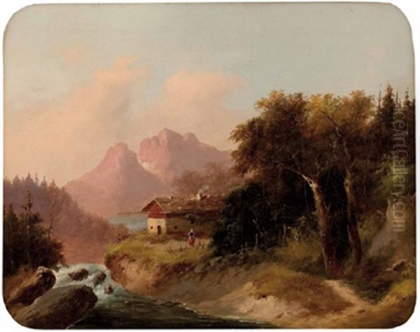 Sennerhaus Im Mittelgebirge (+ Berglandschaft Mit Andachtsturmchen Und Staffage; Pair) Oil Painting by Franz Barbarini