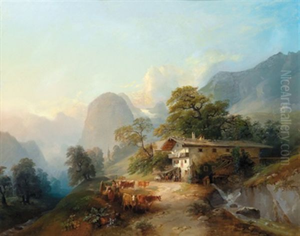 Alpenlandschaft Mit Einer Viehherde Vor Dem Wirtshaus Oil Painting by Franz Barbarini