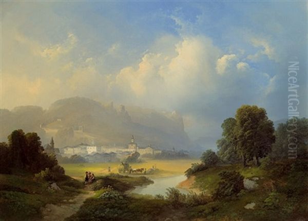 Heuernte Am Stadtrand Von Hallein Oil Painting by Franz Barbarini