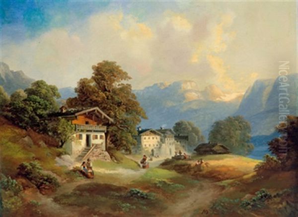 Gebirgslandschaft Mit Bauernhausern Und Figurlicher Staffage Oil Painting by Franz Barbarini