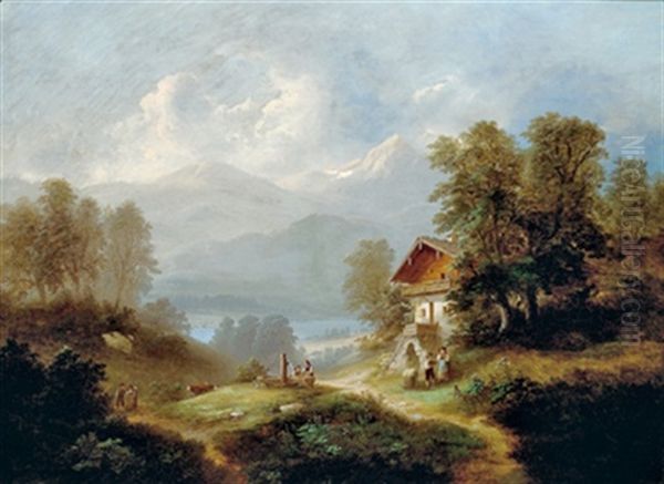 Grose Landschaft Mit Bauernhaus Und Figurlicher Staffage Oil Painting by Franz Barbarini