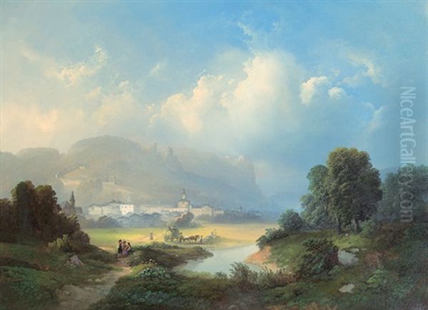 Heuernte Am Stadtrand Von Hallein by Franz Barbarini