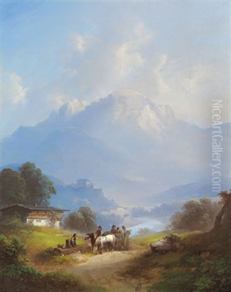 Blick Auf Burg Werfen Mit Figurlicher Staffage Im Vordergrund Oil Painting by Franz Barbarini