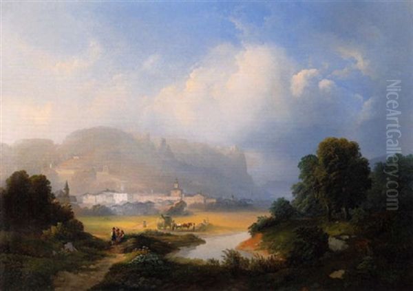 Heuernte Am Stadtrand Von Hallein Bei Salzburg Oil Painting by Franz Barbarini