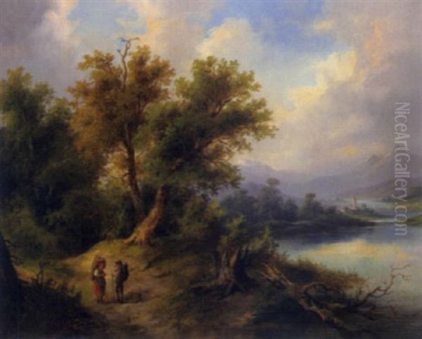 Landschaft Mit Figurlicher Staffage Und Einem Kleinen Dorf Im Hintergrund Oil Painting by Franz Barbarini