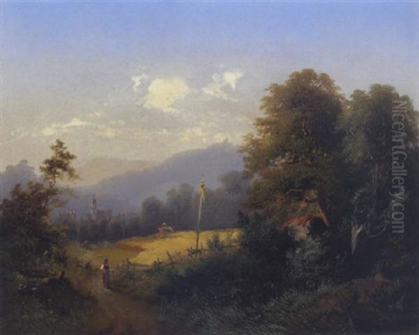 Heuernte Vor Dem Dorf Oil Painting by Franz Barbarini