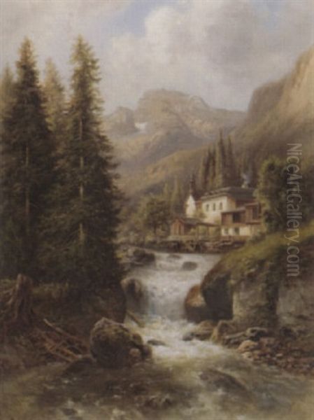 Berglandschaft Mit Bach Und Gebauden Oil Painting by Franz Barbarini