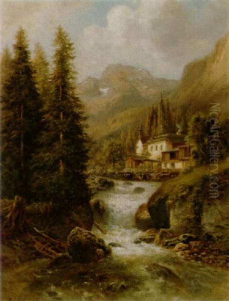 Berglandschaft Mit Wildem Bach Und Gebauden Oil Painting by Franz Barbarini