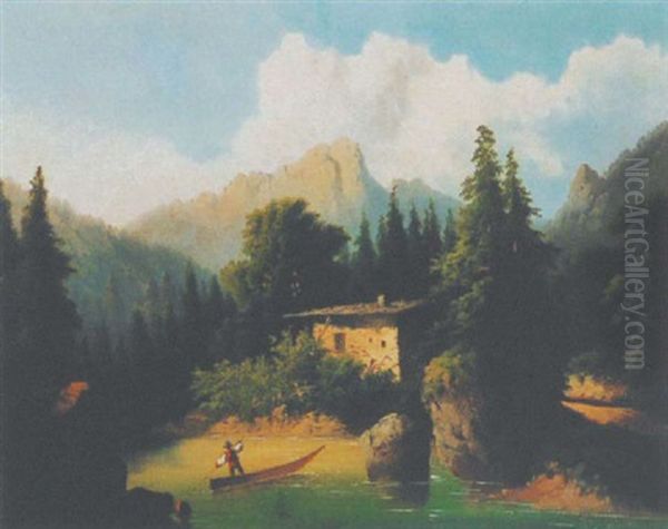 Gebirgslandschaft Mit See Und Ruderer Oil Painting by Franz Barbarini