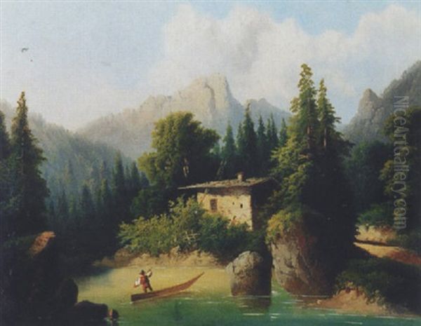 Gebirgslandschaft Mit See Und Ruderer Oil Painting by Franz Barbarini