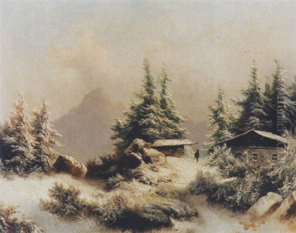 Verschneite Gebirgslandschaft Mit Alphutten Und Wanderer Oil Painting by Franz Barbarini