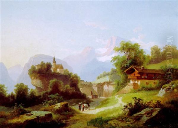 Gebirgsdorf Mit Einer Kirche Auf Felskuppe by Franz Barbarini