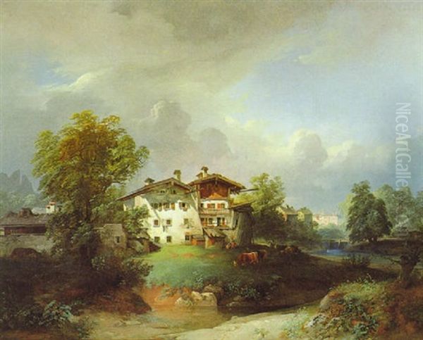 Motiv Bei Hallein, Bauernhof Am Arnbach, Im Hintergrund Die Barmsteiner Oil Painting by Franz Barbarini