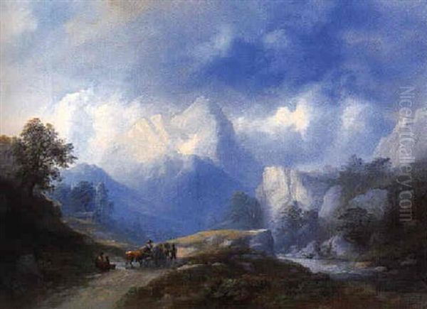 Gebirge-landschaft Mit Bauern Und Fuhrwerk Oil Painting by Franz Barbarini