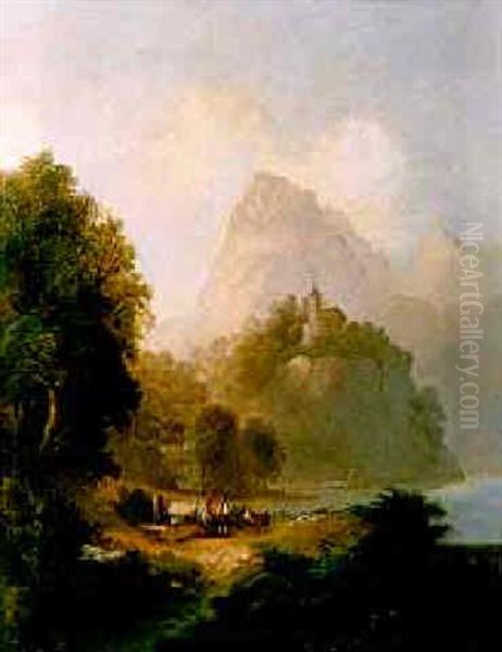 Figures Beside A Well In A Mountainous Lake Landscape Oil Painting by Franz Barbarini