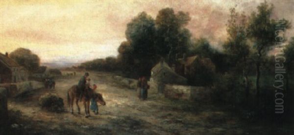 Figures And A Horseman In A Village Street Oil Painting by Franz Barbarini