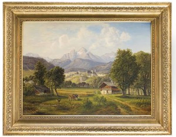 Weiter Landschaftsausblick Auf Berchtesgaden Mit Bauernhausern Und Dem Dahinterliegenden Gebirge Mit Dem Watzmann Oil Painting by Gustav Barbarini