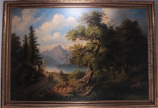 Gebirgssee, Im Vodergrund Ein Jager Im Gesprach Mit Einem Angler Oil Painting by Gustav Barbarini