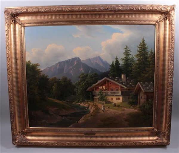 Gebirgslandschaft Mit Gehoft, Bach Und Figurlicher Staffage Oil Painting by Gustav Barbarini