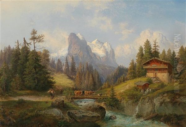 Gebirgslandschaft Mit Tierherde Und Figurlicher Staffage Oil Painting by Gustav Barbarini