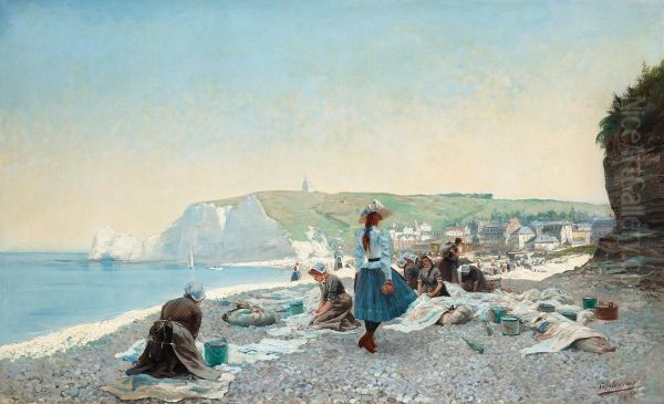 Washerwomen On The Beach, Etretat, Normandy Oil Painting by Gustave Adelsward