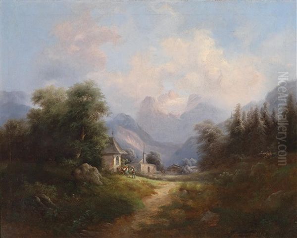 Mountain Valley With Decorative Figures Oil Painting by Gustav Barbarini