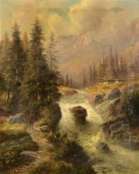 Mountain Landscape With A Huntsman Oil Painting by Gustav Barbarini