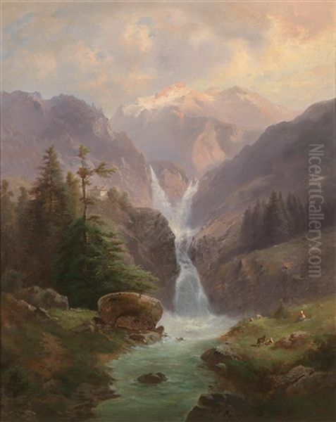 Gebirgslandschaft Mit Wasserfall Oil Painting by Gustav Barbarini