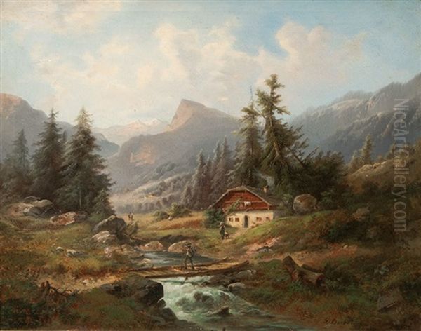 Mountain Landscape With Creek Oil Painting by Gustav Barbarini