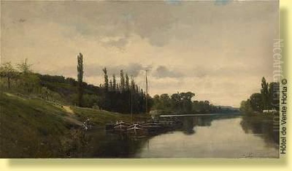 Peniches Dans Un Paysage Fluvial Oil Painting by Gustave Adelsward